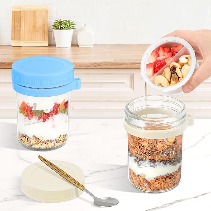 Xyptorix 6 Pack Overnight Oats Containers with Lids and Spoons, 16 oz Mason Jars with Removable Separate Compartments, Airtight and Leak-Proof Glass Jars for Chia Pudding, Yogurt, and Oatmeal