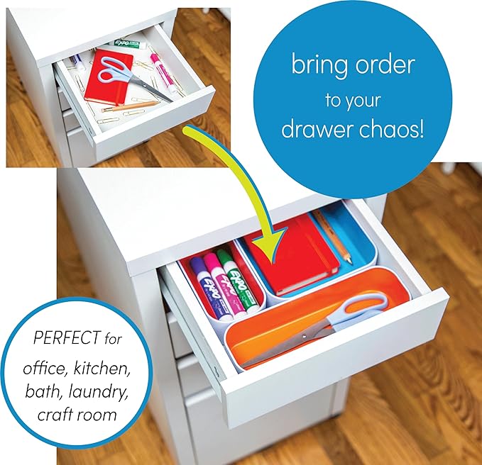Three by Three Seattle 5 Piece Metal Organizer Tray Set for Storing Makeup, Stationery, Utensils, and More in Office Desk