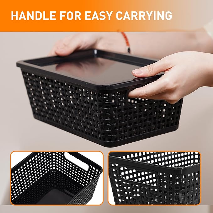Plastic Storage Baskets With Lid, Storage Bins for Organizing, Stackable Decorative Containers for Shelves Drawers Desktop Closet Playroom Classroom Office,10 Pack-Black