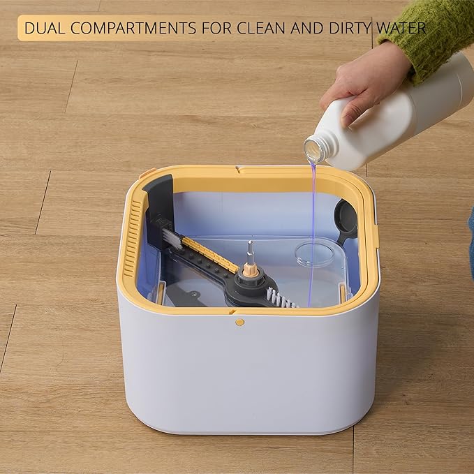 True & Tidy® TrueClean Mop and Bucket System Plus with New Easy Lift Inner Bucket, Self Wringing, Separates Clean from Dirty Water, Folding Mop Head, Dual Brush System, 8-pc Machine Washable Mop Pads