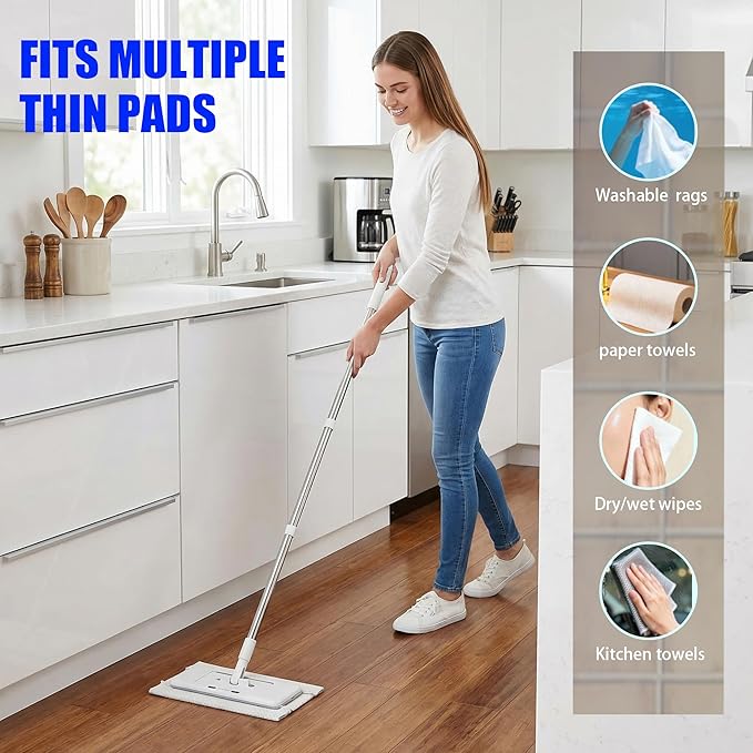 KZKR Upgrade Push Clamp Mop Kit - 2-in-1 Full Size Press Grip Lazy Sweeper Mop with Convenient Cloth Changing, Compatible with Swiffer Pads, Hardwood Tile Marble Floor Cleaning, 52in with10 Dry Cloths