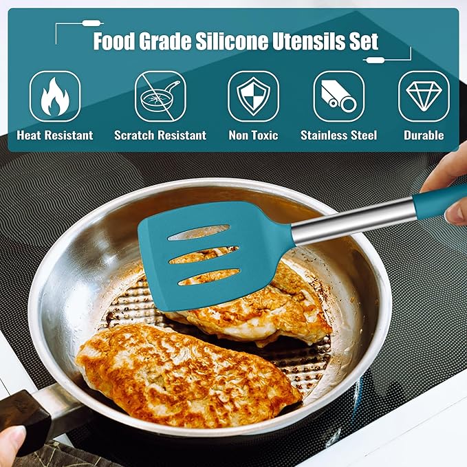 E-far 14 Pieces Silicone Cooking Utensils Set, Kitchen Utensils Set with Holder, Spatula, Ladle, Spoon, Tong, Slotted Turner for Nonstick Cookware, 446°F Heat Resistant & Stainless Steel Handle, Blue