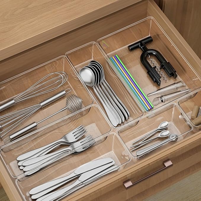 25 Piece Clear Drawer Organizer Set, 4 Sizes Bathroom Vanity Organizer Trays and Storage Bins for Makeup, Cosmetics, Jewelry, and Gadgets. Perfect for Office, Kitchen, Bedroom, Bathroom Use.