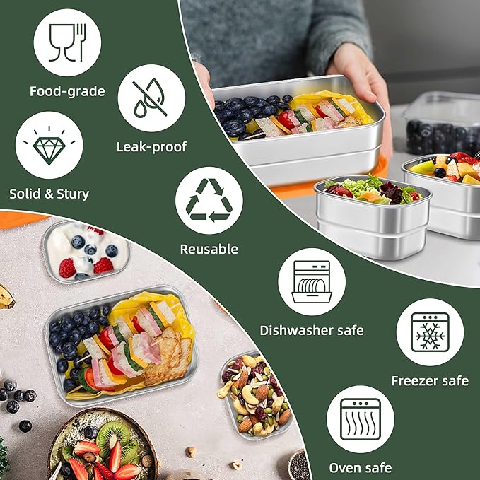 HaWare 8oz*2+25oz Stainless Steel Lunch Containers, Leak Proof Food Storage Snack Containers with Silicone Lids, Portable Sandwich Containers