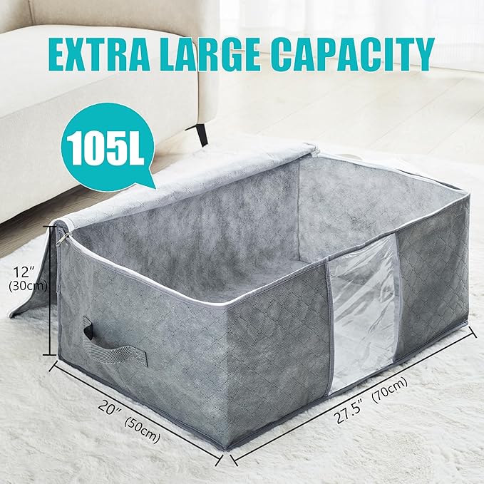 105L Extra Large Storage Bags for Blankets, King Comforters, Grey, 2pack