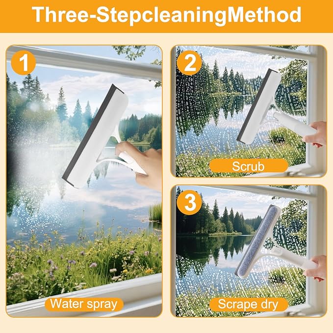 Pro 3 in 1 Window Cleaning Scraper with 2 Replaceable Cleaning Cotton Strips, 3 in 1 Spray Squeegee, Window Squeegee, Suitable for Cleaning Bathroom Glass, Mirrors, Car Windows (Blue)