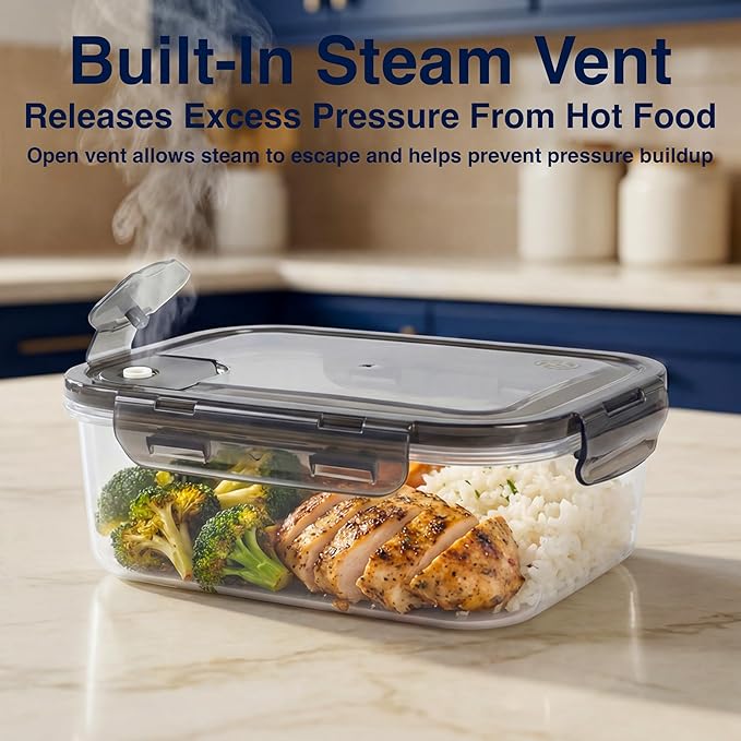 BPA-Free Plastic Airtight Food Storage Containers with Vented Lids, 5-Pack Assorted Sizes (2×1.7, 2×3.4 & 1×5.9 Cups) for Meal Prep and Leftovers