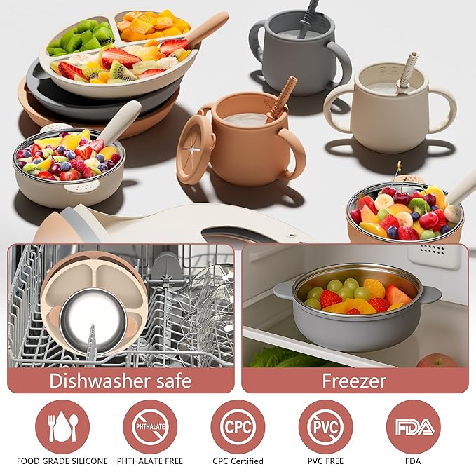 27 Pack Silicone Baby Feeding Set, Hepotk BPA-Free Food Grade Baby Feeding Essentials Utensils, Second Stage Baby Food Eating Utensils, Set of 3 babies((Brown, Beige, Grey)