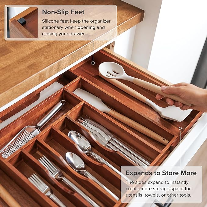 KitchenEdge Premium Silverware, Flatware and Utensil Organizer for Kitchen Drawers, Expandable 14.5 to 25 Inches Wide, 10 Compartments, Food-Safe Premium Acacia Wood Finish Kitchen Storage Tray
