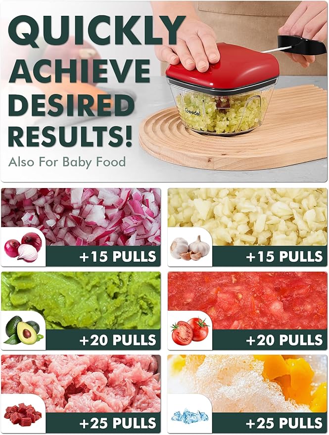 Manual Food Processor Vegetable Cutter, Geedel Pull Chopper with String, Food Chopper Vegetable Cutter for Veggies, Fruits, Salad, Onion, Nuts, Herbs, etc, 2 Cup(500ml), Red