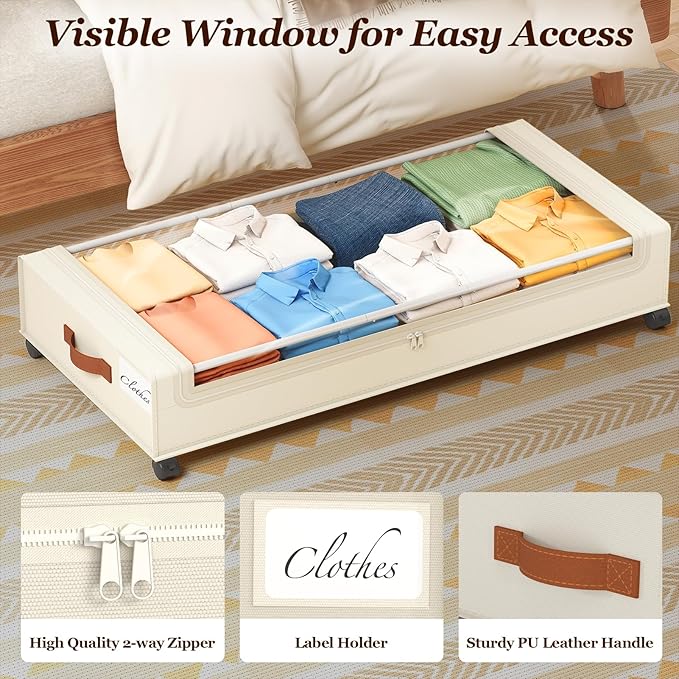 70L Under Bed Storage with Wheels, Beige