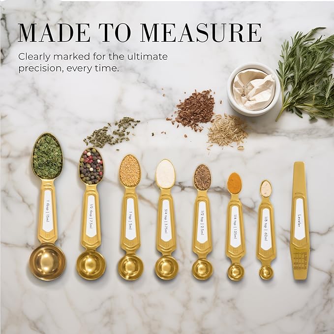 White and Gold Measuring Spoons with Leveler - Featuring 8PC Upgraded Style, Dual-Sided, Stackable, Stainless Magnetic Measuring Spoons Set - Fits in Spice Jars, White and Gold Kitchen Accessories