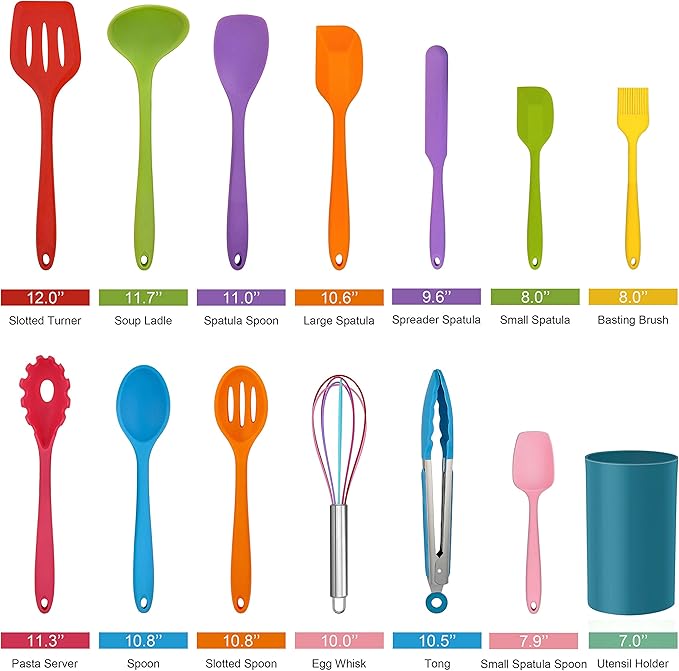 LIANYU 14 Pcs Cooking Utensils Set with Holder, Silicone Kitchen Cookware Utensils Set, Heat Resistant Cooking Gadget Tools Includes Spatula Spoon Turner Whisk Tong, Dishwasher Safe, Colorful