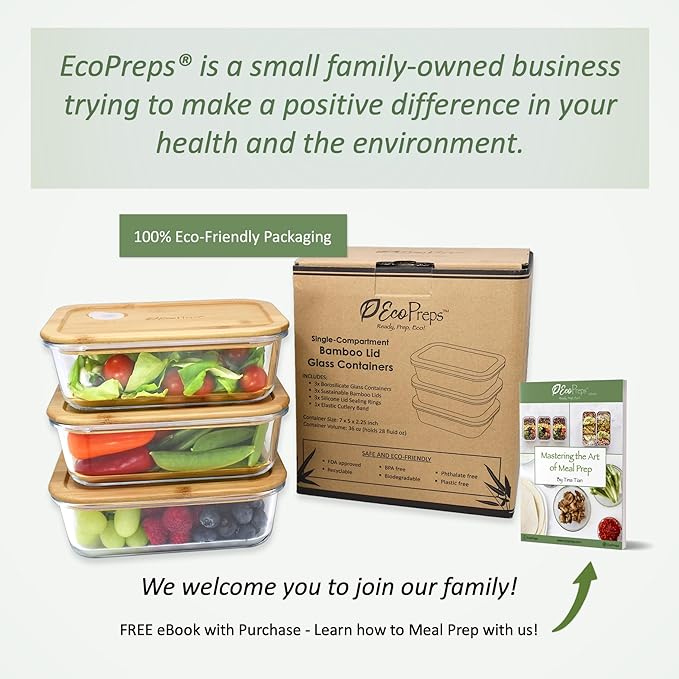 EcoPreps Glass Meal Prep Containers with Bamboo Lids (3 Pack) - 100% Plastic Free, Eco-Friendly Lunch Containers, Bamboo Lid Storage Container Set