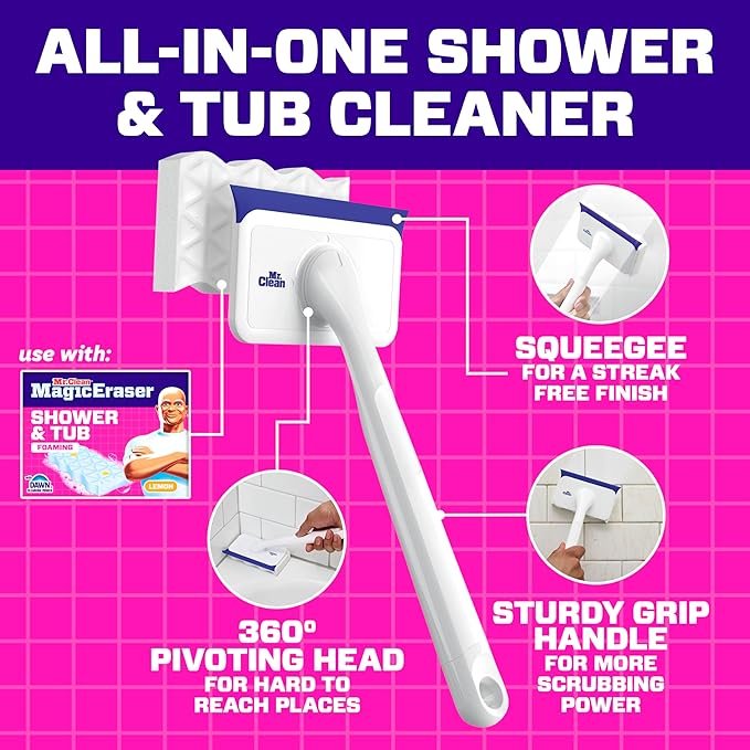 Mr. Clean Magic Eraser Shower & Tub Scrubber, Bathroom Cleaner, All in One Bathroom Cleaner, Lemon Starter Kit, 1 Scrubber & 2 Foaming Magic Erasers