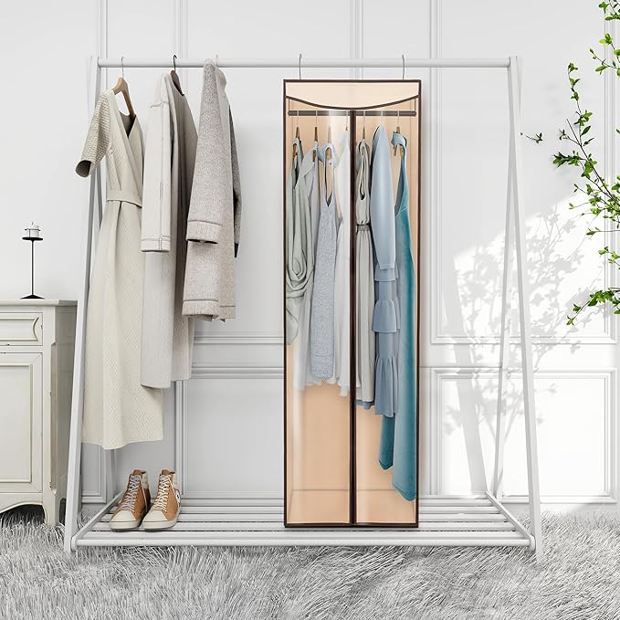 Garment Bags for Hanging Clothes Storage, Long Garment Cover with Zippered Clear Window for Closet Wardrobe Clothes Rack Organizer, Hanging Garment Bags for Dresses, Suits, 1 Pack, Beige