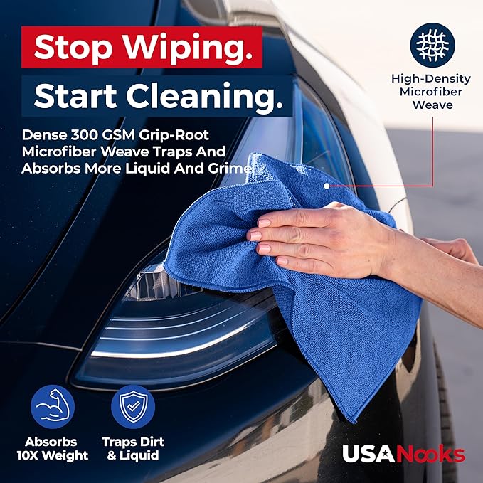 USANOOKS Premium 300GSM Microfiber Cleaning Cloth - 12.5"x12.5" High Performance - 1200 Washes, Ultra Absorbent Microfiber Towels for Cars Undercarriage, Rims & Engine Bay Cleaning - Microfiber Cloth