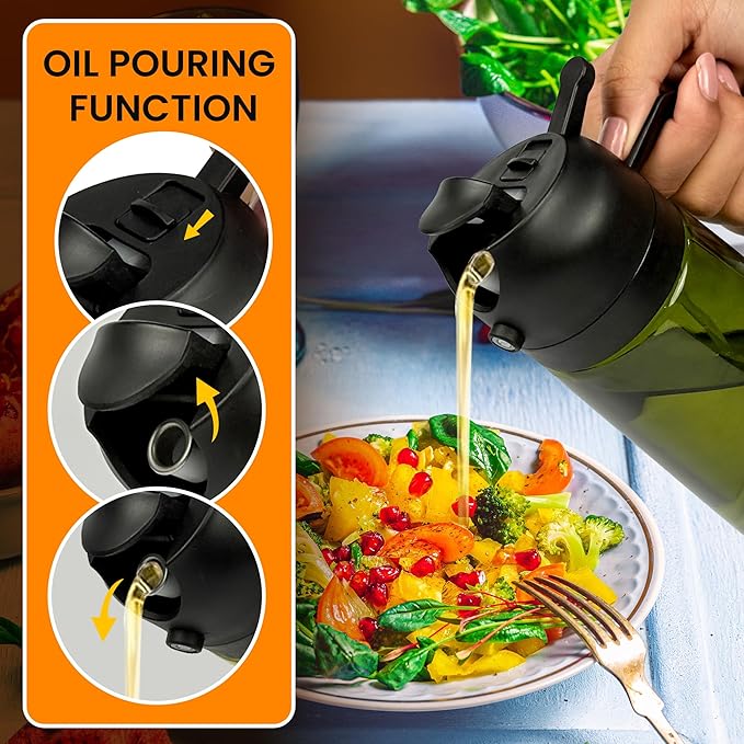 Oil Dispenser, 2 In 1 Cooking Oil Sprayer and Pourer, Non-Drip Spout for Kitchen Oil, Air Fryer, Salad, Grill, 16oz/470ml with Silicone-Encased Base (Black Cap, Green Bottle)