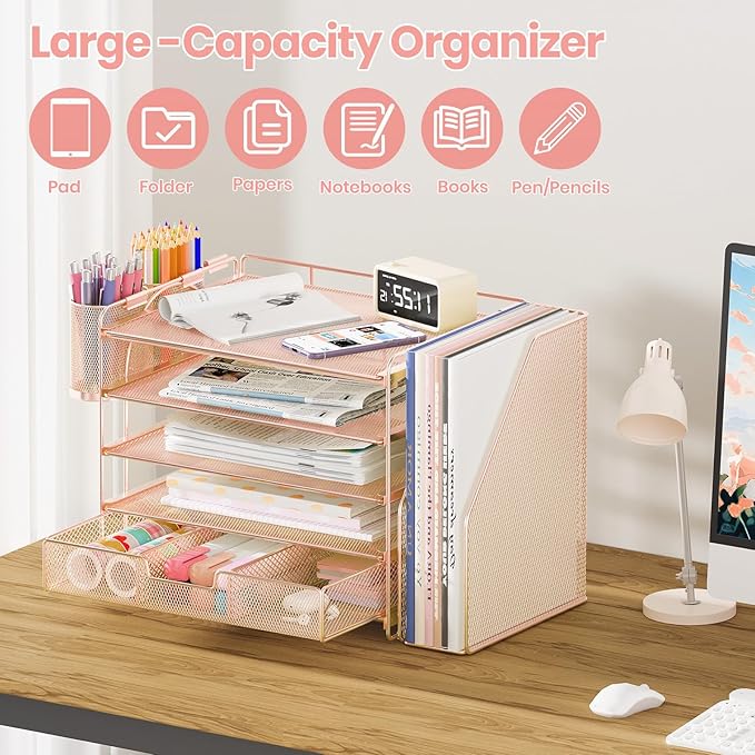Desk Organizer, 5-Tier Paper File Organizer with Drawer & Pen Holder, Rose Gold