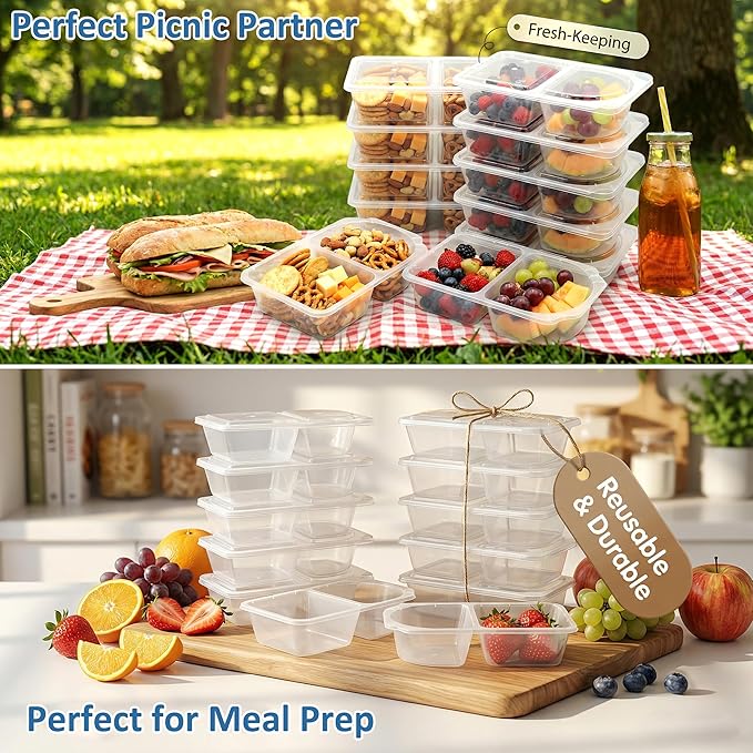 10 OZ New Snack Pack Containers &Reusable Snack Containers with Lids-Double Compartment Meal Prep Containers,Compartment Condiment Containers,Perfect for Bulk Meal Prep & On-the-Go (20 Sets)