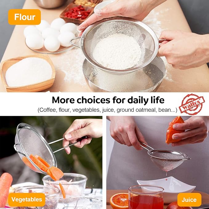 Walfos 6.95 Inch Fine Mesh Strainers, Premium Stainless Steel Colanders and Sifters, with Reinforced Frame and Sturdy Handle, Perfect for Sift, Strain, Drain and Rinse Vegetables, Pastas and Tea