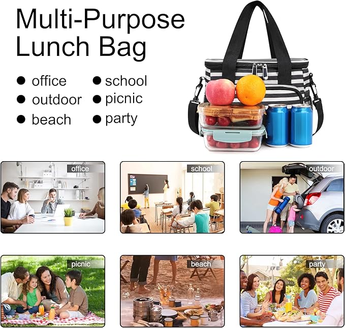Femuar Lunch Bags for Women/Men, Insulated Lunch Bag for Work Office Picnic - Lunch Cooler Bag Leakproof Lunch Box with Adjustable Shoulder Strap - Stripe