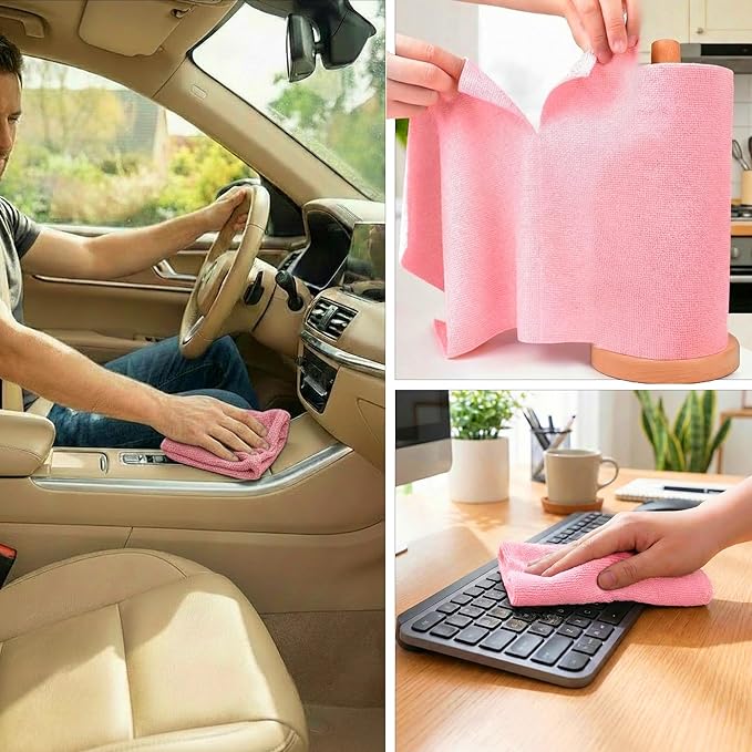 Microfiber Cleaning Cloth Roll Tearaway – Reusable Paper Towels for Kitchen & Home – Microfiber Towel Roll & Fiber Rags Bulk (Pink)