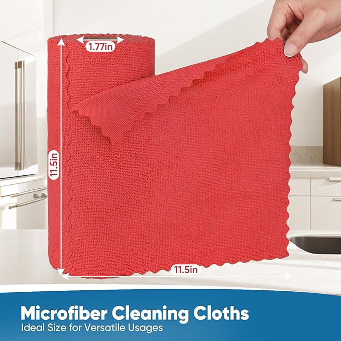 Orighty Microfiber Cleaning Cloths, 75 Sheets Shop Towels, Reusable Paper Towels Shop Rags, Washable Microfiber Towel Roll Cleaning Rags for Cars, House, Kitchen, 11.5’’ x 11.5’’, Red