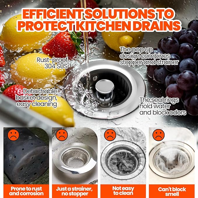 3 in 1 Kitchen Sink Drain Strainer & Sink Stopper Upgraded Stainless Steel Drain Plug with Anti-Clog Basket Drain Stopper Combo