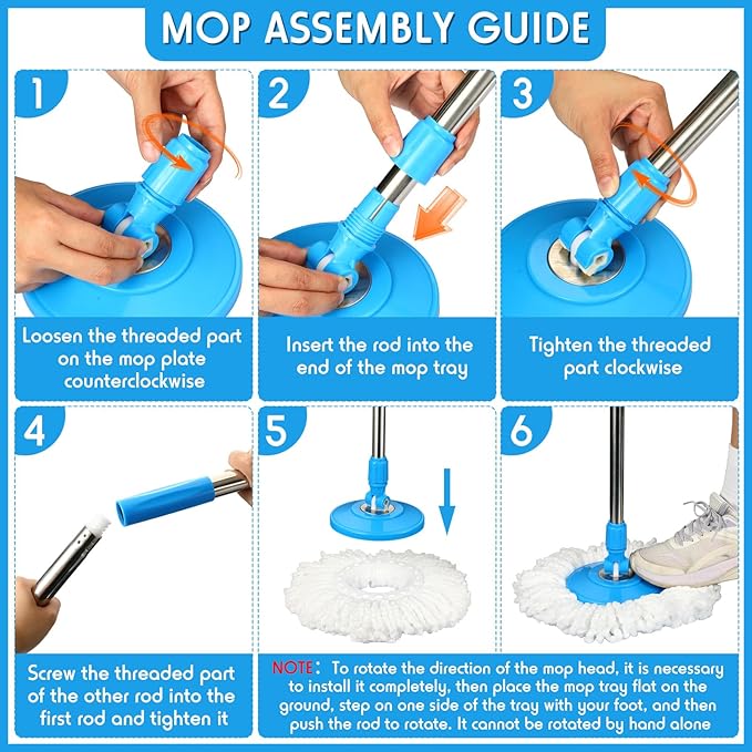 Spin Mop Replacement Handle 360 Degree Spin Mop Pole Handle Replacement Rotating Telescopic Stick for Head Replace Spinning Household Cleaning Accessories for Home(Cute Blue)