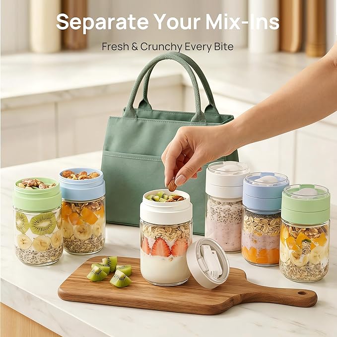Vtopmart 6 Pack 16 oz Overnight Oats Containers with Lids, Folding Spoons and Divided Compartments, Airtight Leakproof, Glass Jars for Overnight Oats, Yogurt, Fruit, Chia Pudding, Meal Prep