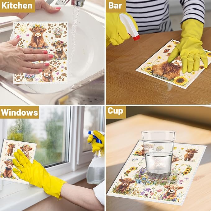 Swedish Dishcloths for Kitchen, 6PCS Floral Highland Cow Swedish Dish Cloths Gift Set, Reusable Washable Absorbent Dish Towel for Home Cleaning
