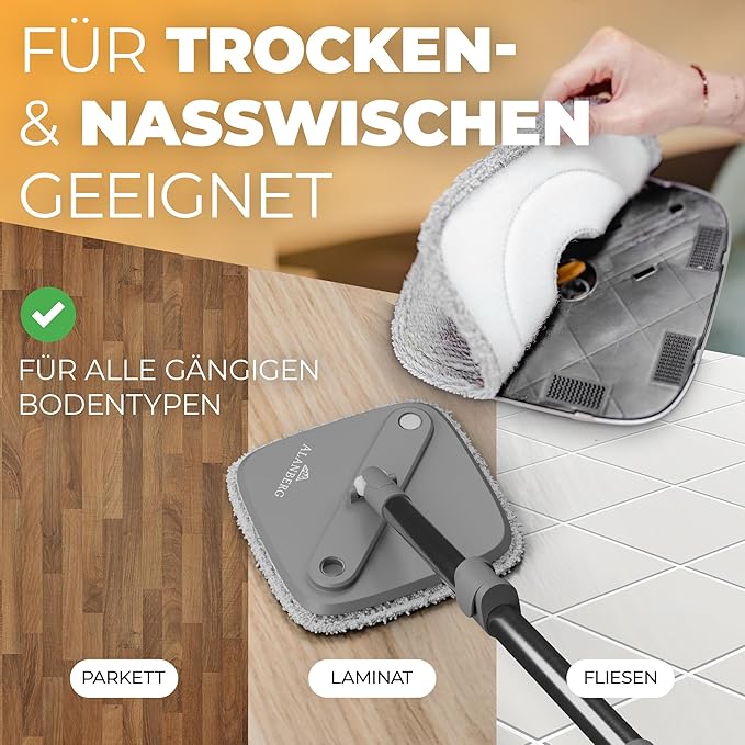 Spin Mop and Bucket Set with Wringer – Dual-Chamber Self Wringing Mop, Flat Microfiber Mop for Hardwood, Tile & Vinyl Floors, 2 Washable Replacement Heads, 63" Handle, Gray
