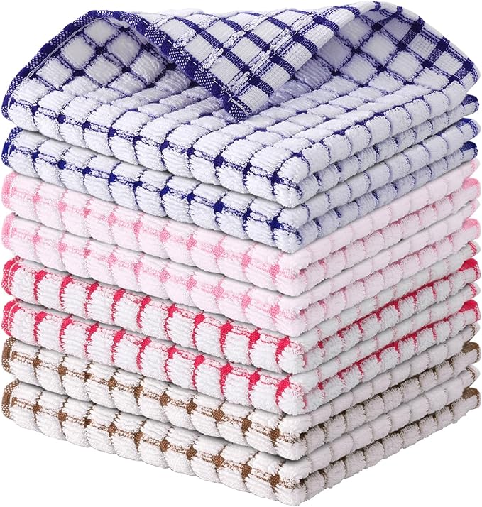 Kitinjoy Cotton 8 Pack Terry Kitchen Dish Cloths, 12 x 12 Inches Super Soft and Absorbent Dish Rags, Quick Drying Dish Towels for Washing Dishes, Mix Colour