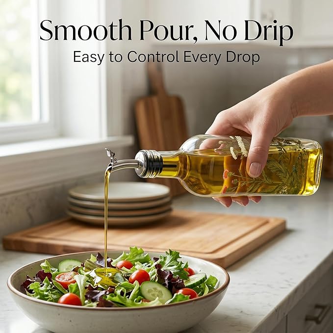 Topadorn 17 oz Olive Oil Dispenser Bottle Set for Kitchen, 2 Pcs Glass Oil Dispenser Bottle with Stainless Steel Pourers, 2 Packs of Napkins, Green Flowers