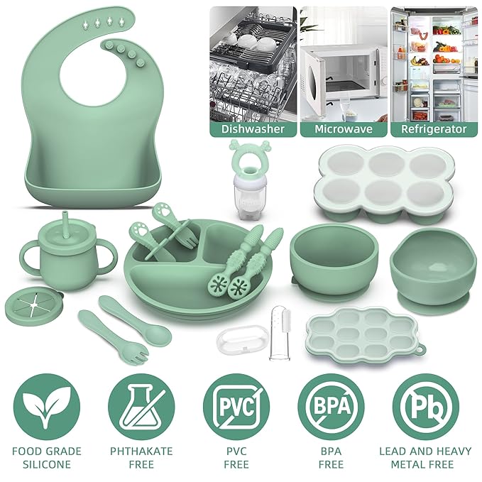 16 Pack Silicone Baby Feeding Set, BPA-Free Baby LED Weaning Supplies, Include Suction Plates, Baby Bowls, Silicone Fork & Spoon, First Stage Baby Food Eating Utensils - 6+ Months (Dark Green, 16)