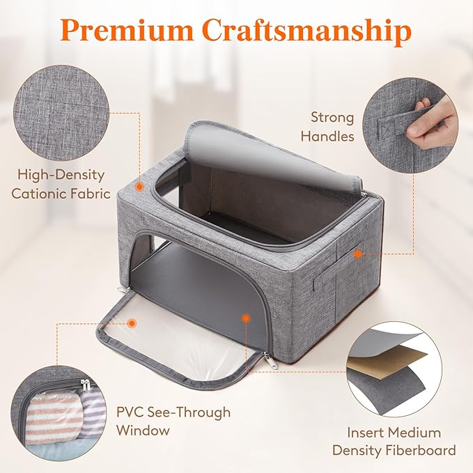 Lifewit Clothes Storage Bins with Metal Frame, Stackable Storage Box, Foldable Clothing Storage Bins with Lids, 40L Storage Bags Fabric Box Organizer with Clear Window＆ Zippers＆ Sturdy Handles 8 Pack