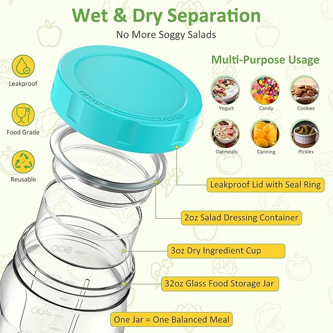 4Pack Glass Salad Jars with Lids, 32oz Salads Mason Jars with Wet/Dry Separation Cup, Meal Prep Salad Containers for Lunch
