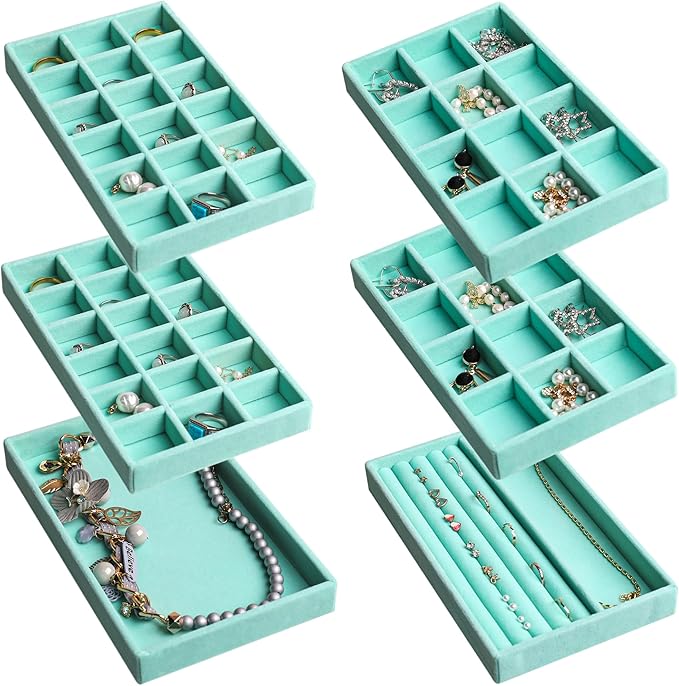 Frebeauty Jewelry Organizer Tray,Stackable Velvet Jewelry Trays,Drawer Inserts Earring Organizer For Women Jewelry Storage Display Case for Rings Stud Necklaces,Set of 6(Turquoise)