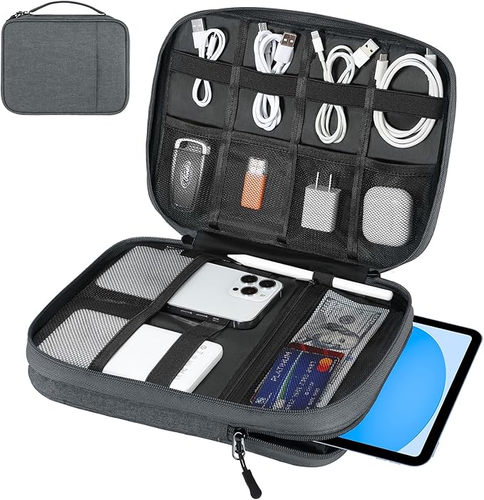 Dadanism Electronics Travel Organizer Case, Double Layers Cord Organizer Travel All-in-One Storage Bag for Cable, Cord, iPad, Chargers, fits 9-11'' Tablets, Portable Tech Accessories Bag, Space Gray