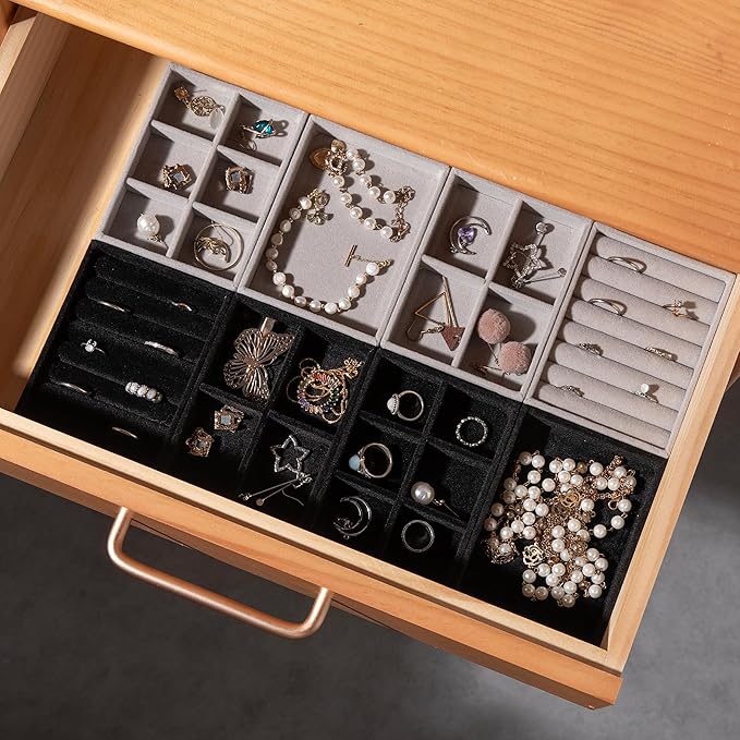 Frebeauty Small Jewelry Tray Set,Stackable Velvet Jewelry Organizer Tray,Mini Jewelry Drawer Organizer,Drawer Inserts,4.92 x 3.74 x 0.9 Inches
