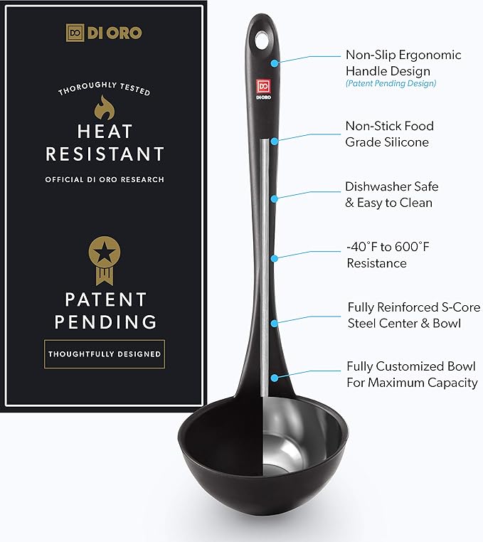 DI ORO Silicone Ladle – Soup Ladle for Cooking & Serving Heat-Resistant - Large Kitchen Soup Ladle Nonstick Cookware Safe - Soup Serving Spoon with Wide Bowl - Silicone Utensil Dishwasher Safe (Black)
