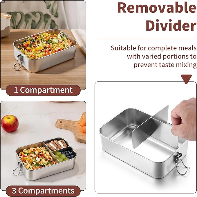 TeamFar 2 Pack Stainless Steel Bento Box, 28 & 47oz Metal Lunch Box with 3 Compartments for Adults/Kids, Lunch Food Containers for School/Work/Meal Prep, Leak-Proof & Dishwasher Safe, 850ML+1400ML