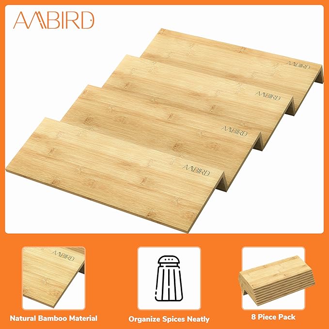 AMBIRD Bamboo Spice Drawer Organizer with Non-slip Mat,4 Tier - 2 Set Jar Spice Rack Tray From 9.5''to 19'', Seasoning Organizer for Kitchen,Cabinet