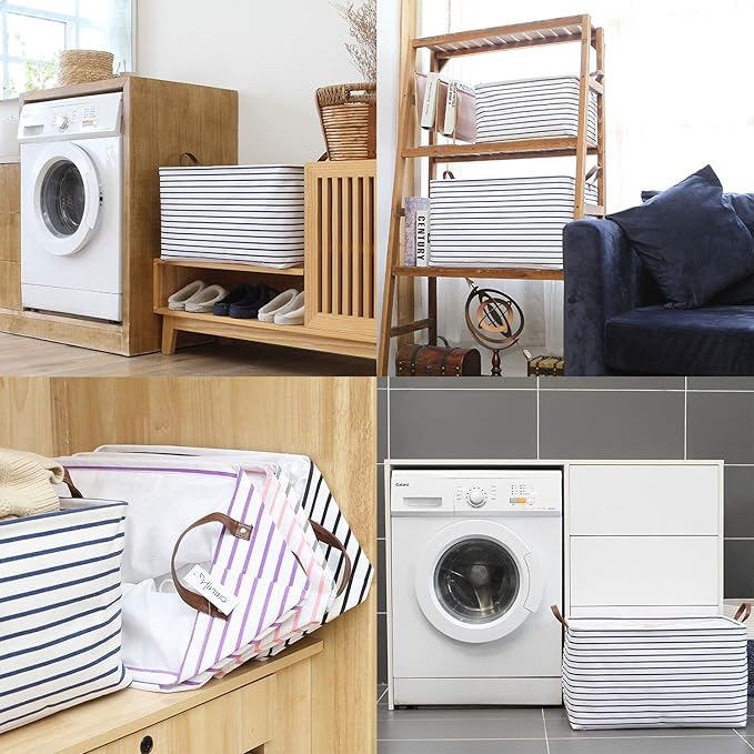 70L Extra Large Storage Bins, 2-Pack Closet Organizers and Storage, Navy Stripe