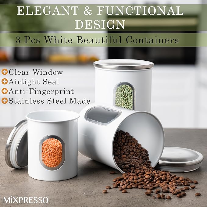 Mixpresso 3-Piece White Canisters Sets For The Kitchen, Airtight Canister Set With See Through Window, Storage Jars for Coffee Container