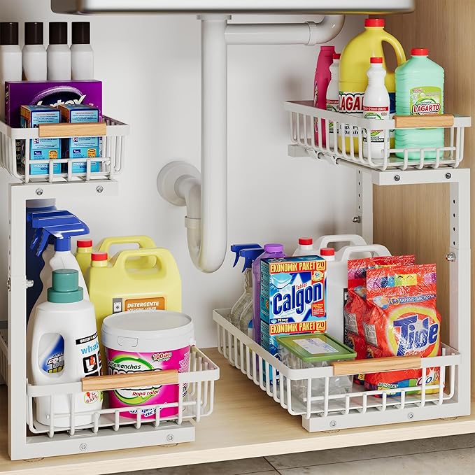 Under Sink Organizer Storage for Families: Pull Out Storage Undersink Organizers Drawer Cabinet - Sliding 2 Tier Rack Metal Organization Under Counter Kitchen Bathroom for Homemakers(White,2 Pack)