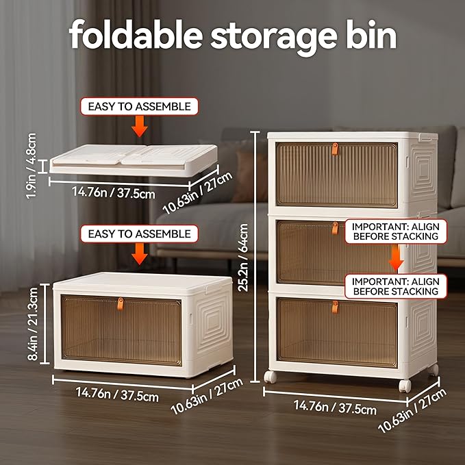 LDQ Storage Bins with Lids, 3 Tier 69QT Stackable Storage Cabinet, Foldable Closet Organizer with Doors & Wheels, Plastic Storage Drawers for Bedroom, Living Room, Bathroom