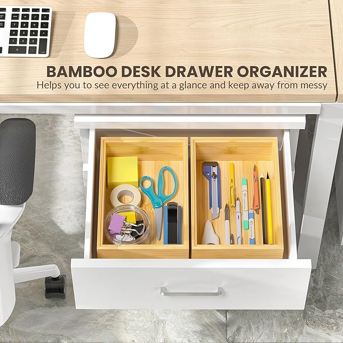 Kitchen Drawer Organizer Bins, Stackable Bamboo Drawer Organizer for Silverware, Flatware, Deep Office Desk Drawer Organizer Tray, Desktop Pen