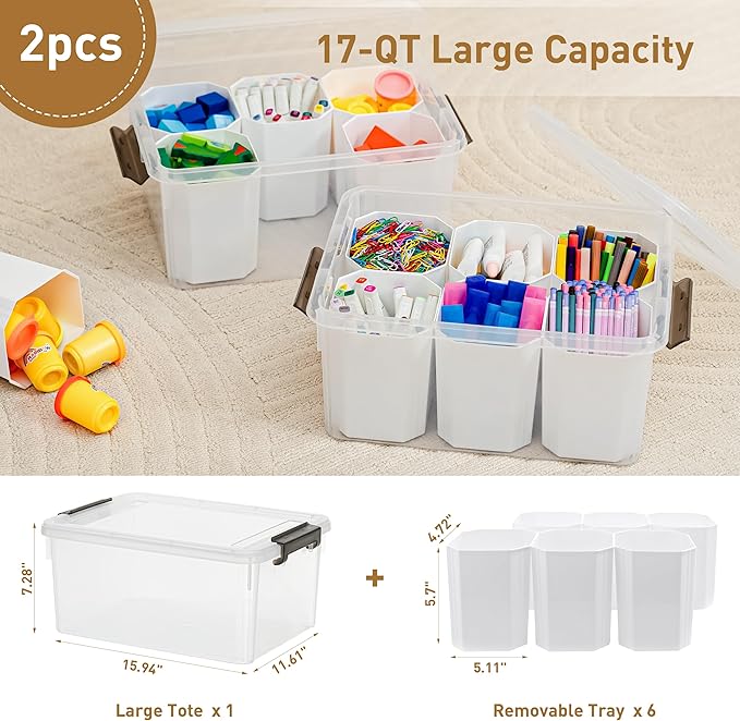 Citylife 17 QT Plastic Storage Bins Clear Storage Box with Lids Multipurpose Stackable Storage Containers for Organizing Tool, Craft, Crayon, 2 Packs